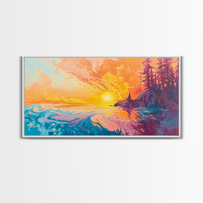 Feuriger Sonnenuntergang, Stimmungsvolle Kunst, Kunst vom Lake Tahoe, Farbenfrohe Landschaft, Wandkunst aus dem Südwesten, Panoramagemälde, Gerahmter Leinwanddruck, Naturkunst