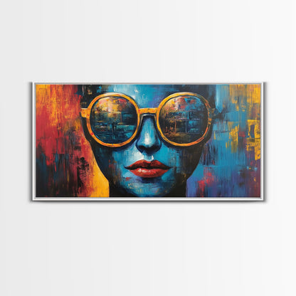 Bold Sunglasses Portrait, graffiti wall art, moody art, chicano art, abstract portrait, pop art decor, gift idea her, Canvas Print