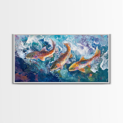 Koi-Fisch-Gemälde, gerahmter Leinwanddruck, Kunst zum Fliegenfischen, Forellenkunst, extra breites Gemälde, farbenfrohes Fischgemälde, Panoramabild