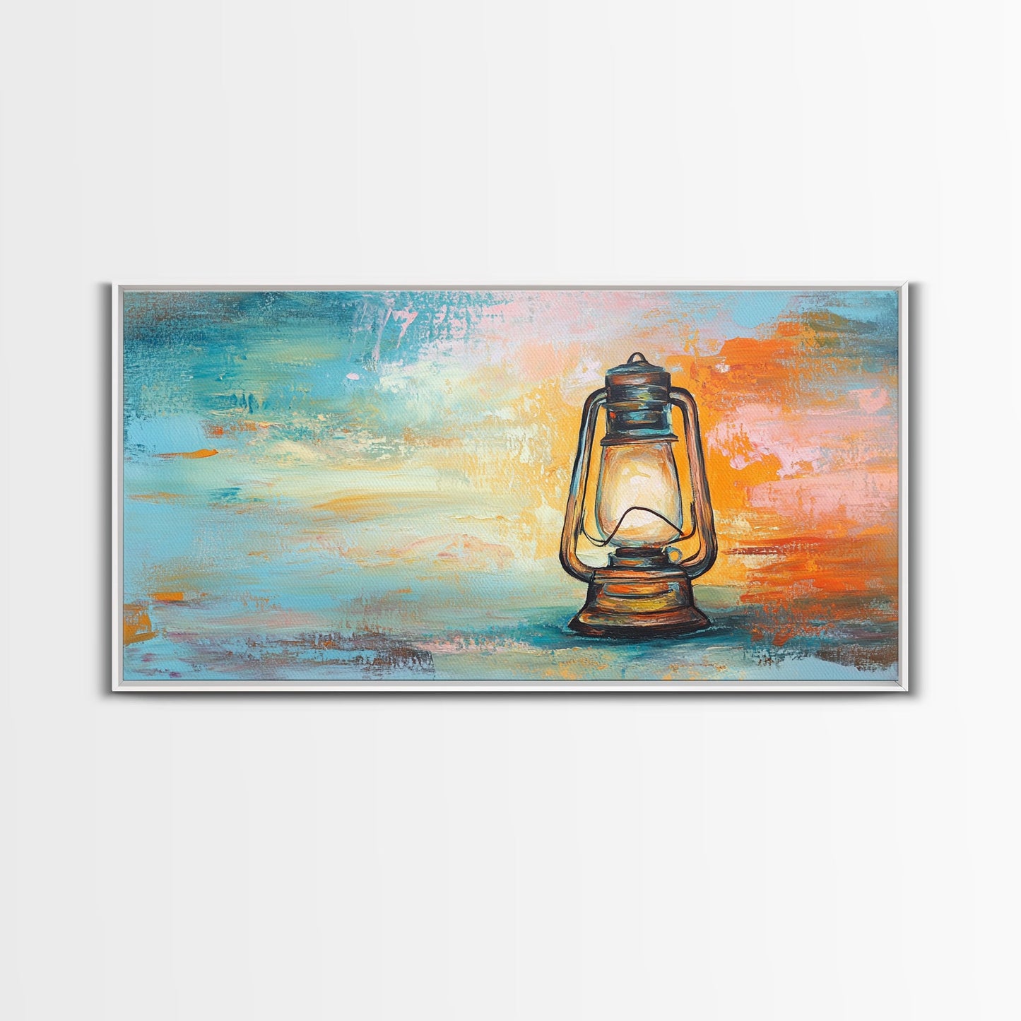 Lantern painting, rustic decor, farmhouse art, boho art, wabi sabi art, warm glow, extra wide art, framed canvas print, moody art