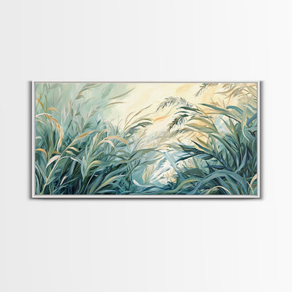Green grass, warm light, Canvas Print, wabi sabi wall art, sage green wall art, botanical prints, extra wide art, minimalist art