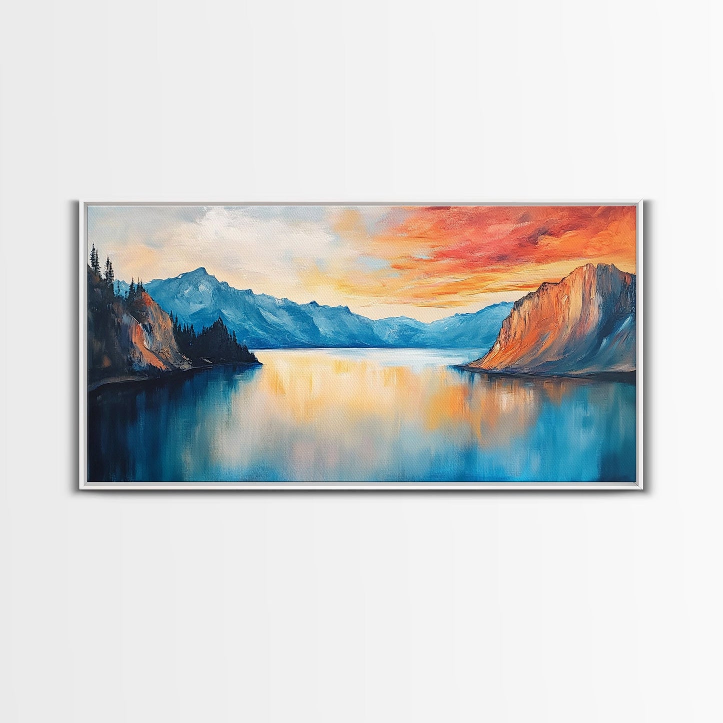 Mountain Lake Painting, Landscape Art, Lake Tahoe Art, Smoky Mountain Art, Rustic Decor, Sunset Wall Art, Extra Wide Art, Framed Canvas Print