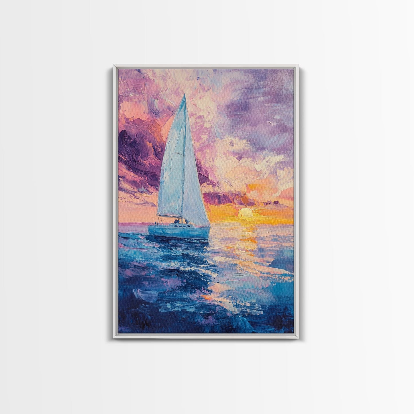 Sailboat Painting, Ocean Sunset Art, Nautical Wall Art, Coastal Landscape, Romantic Seascape, Living Room Art, Canvas Print