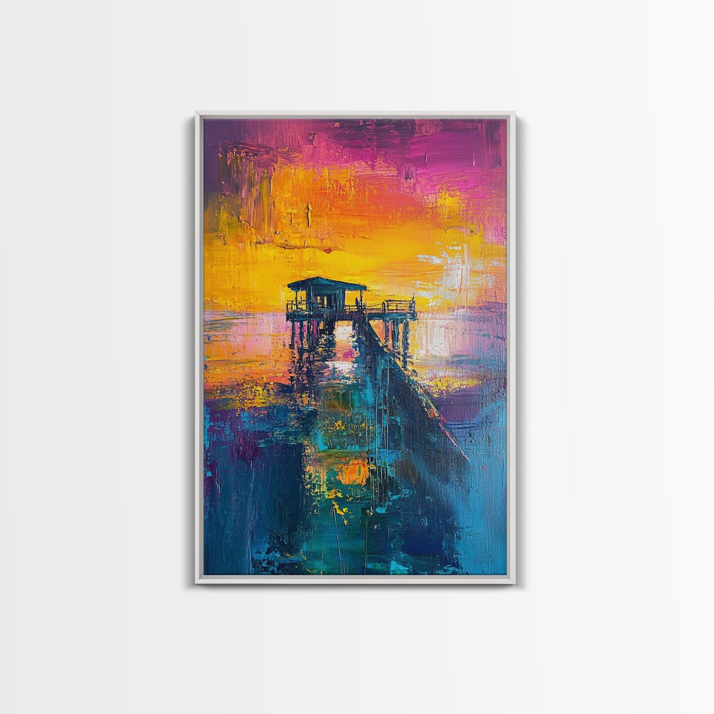 Sunset Pier Painting, Coastal Landscape Art, Vibrant Seascape, Nautical Wall Art, Bold Color Decor, Framed Canvas Print