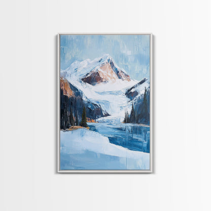 Snowy Mountain Lake, mountain painting, landscape painting, lake Tahoe art, extra wide art, panoramic art, Canvas Print