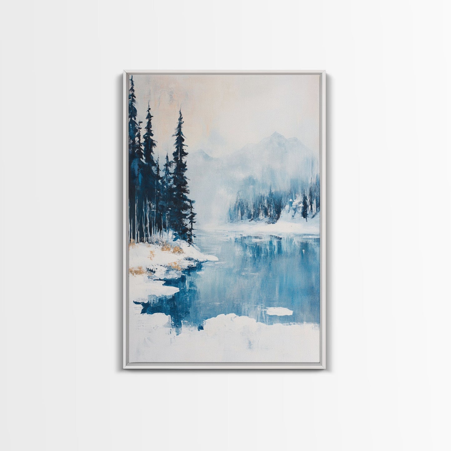 Snowy Mountain Scene, pine tree art, smoky mountain art, landscape painting, framed canvas print, rustic wall art, above sofa art