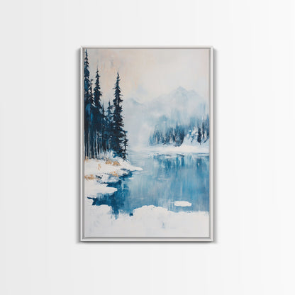 Snowy Mountain Scene, pine tree art, smoky mountain art, landscape painting, framed canvas print, rustic wall art, above sofa art