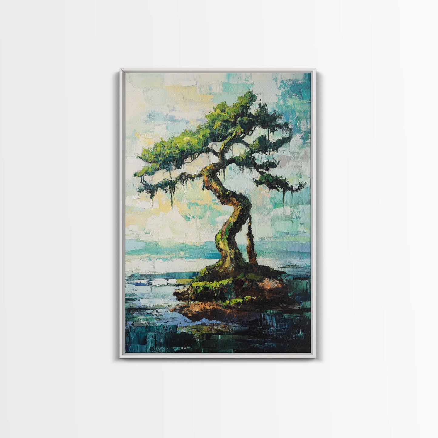 bonsai tree painting, zen wall art, coastal landscape art, blue and green wall art, wabi sabi art, Framed Canvas Print, botanical prints