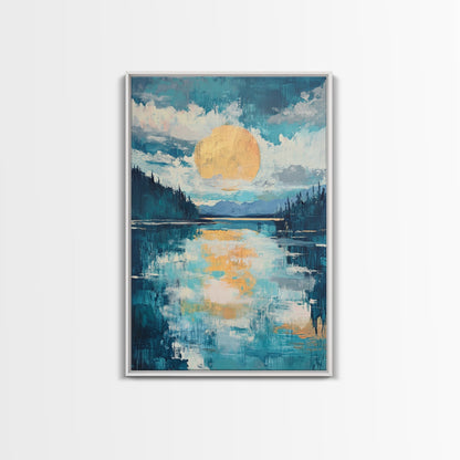 Moon Oil Painting, Smoky Mountain Art, Wabi Sabi Wall Art, Framed Canvas Print, Moody Art, Blue and Green Wall Art, Above Sofa Art