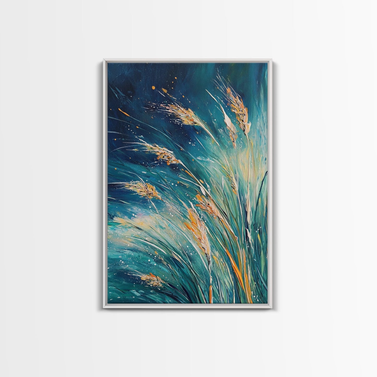 Wheat Fields Framed Canvas Print Rustic Farmhouse Wall Art, Deep Blue Abstract Painting, Autumn Home Decor, Cozy Country Living