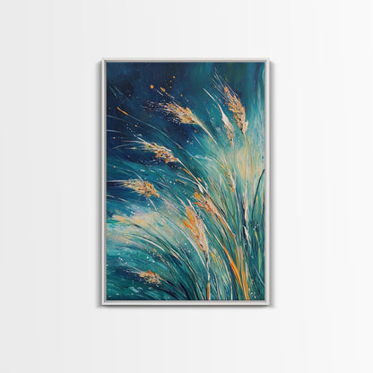 Wheat Fields Framed Canvas Print Rustic Farmhouse Wall Art, Deep Blue Abstract Painting, Autumn Home Decor, Cozy Country Living