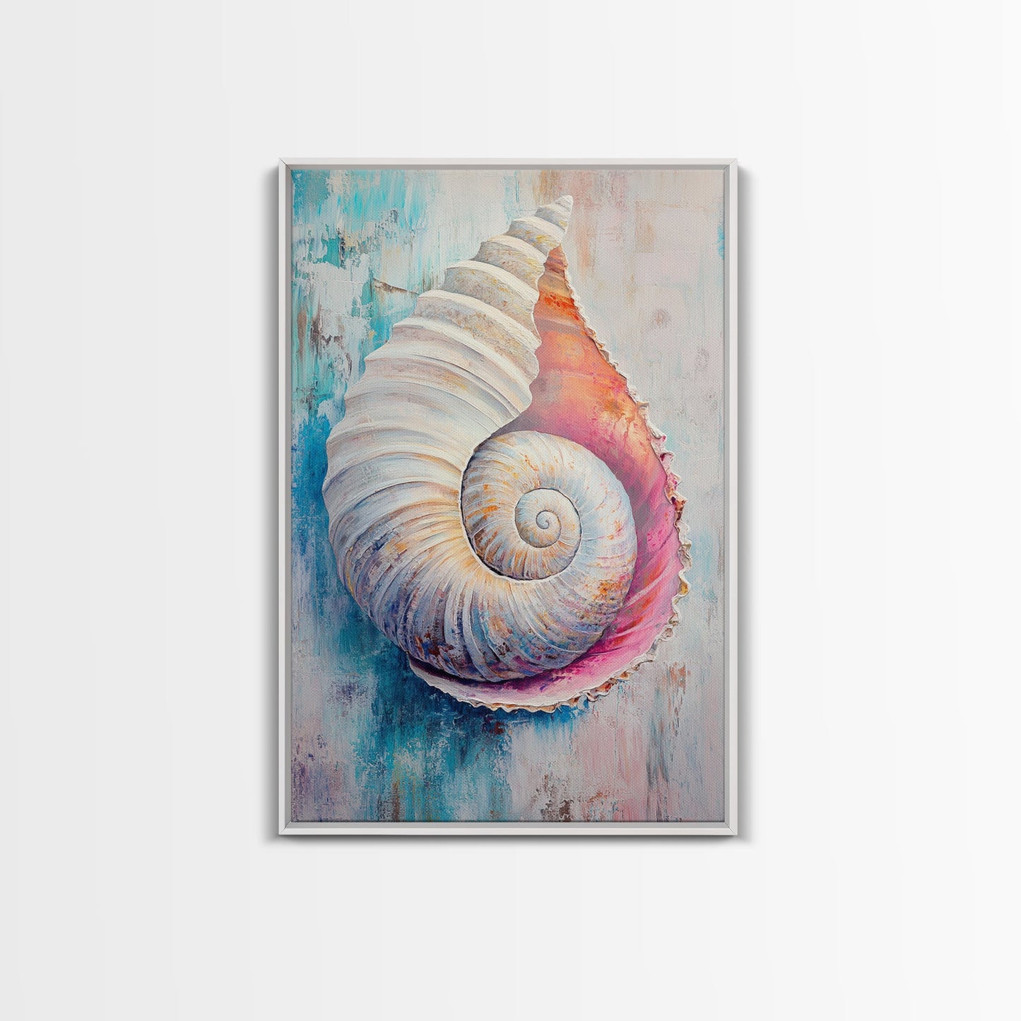 Nautical Shell Framed Canvas Print Coastal Boho Wall Art, Ocean Beach House Decor, Pastel Seashell Painting, Relaxing Seaside Artwork