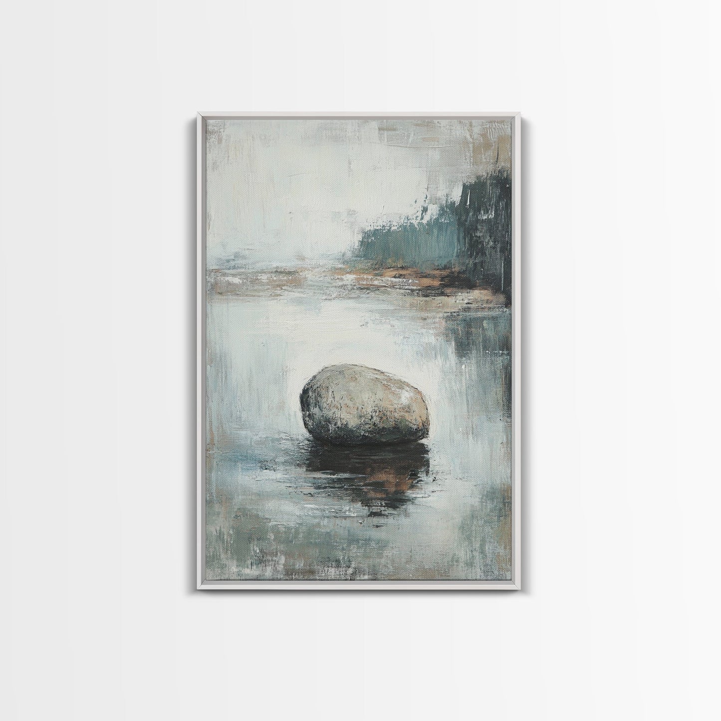 Serene River Rock Canvas Print Nature Inspired Wall Art, Minimalist Landscape Painting, Zen Decor, Neutral Tones, Living Room Artwork