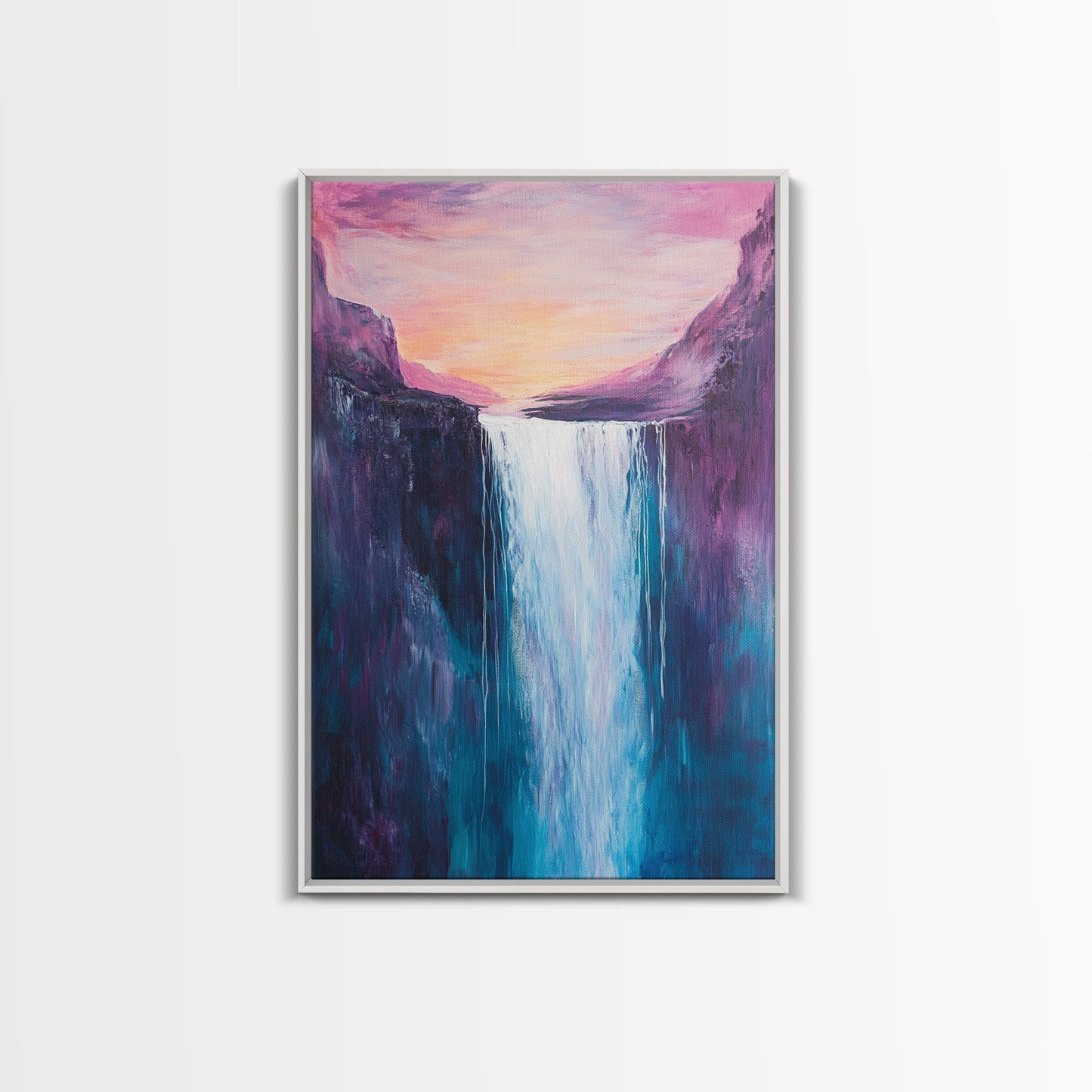 Waterfall Sunset, Moody Art, Mountain Painting, Landscape Painting, Pink Orange Wall Art, Above Couch Art, Canvas Print