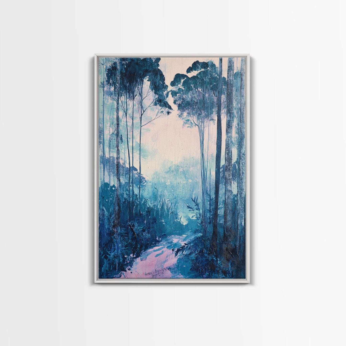Misty Forest, moody art, birch tree art, pine tree art, landscape painting, gift idea for her, Framed Canvas Print, bedroom art