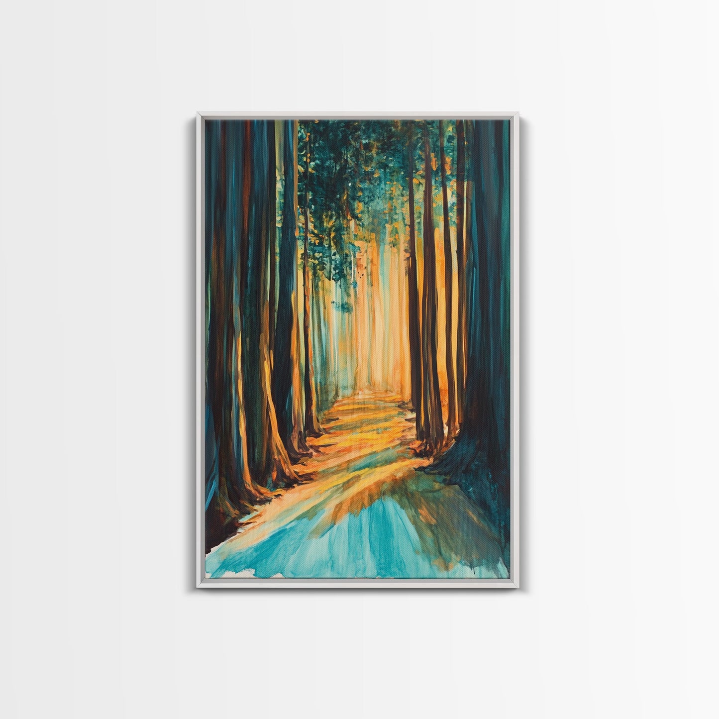 Golden Forest, moody art, pine tree art, wabi sabi wall art, landscape painting, rustic decor, Framed Canvas Print, autumn decor