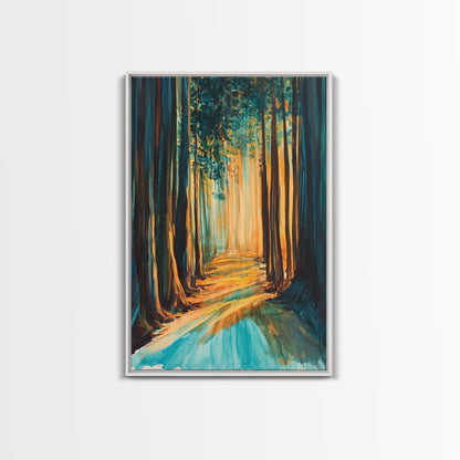 Golden Forest, moody art, pine tree art, wabi sabi wall art, landscape painting, rustic decor, Framed Canvas Print, autumn decor