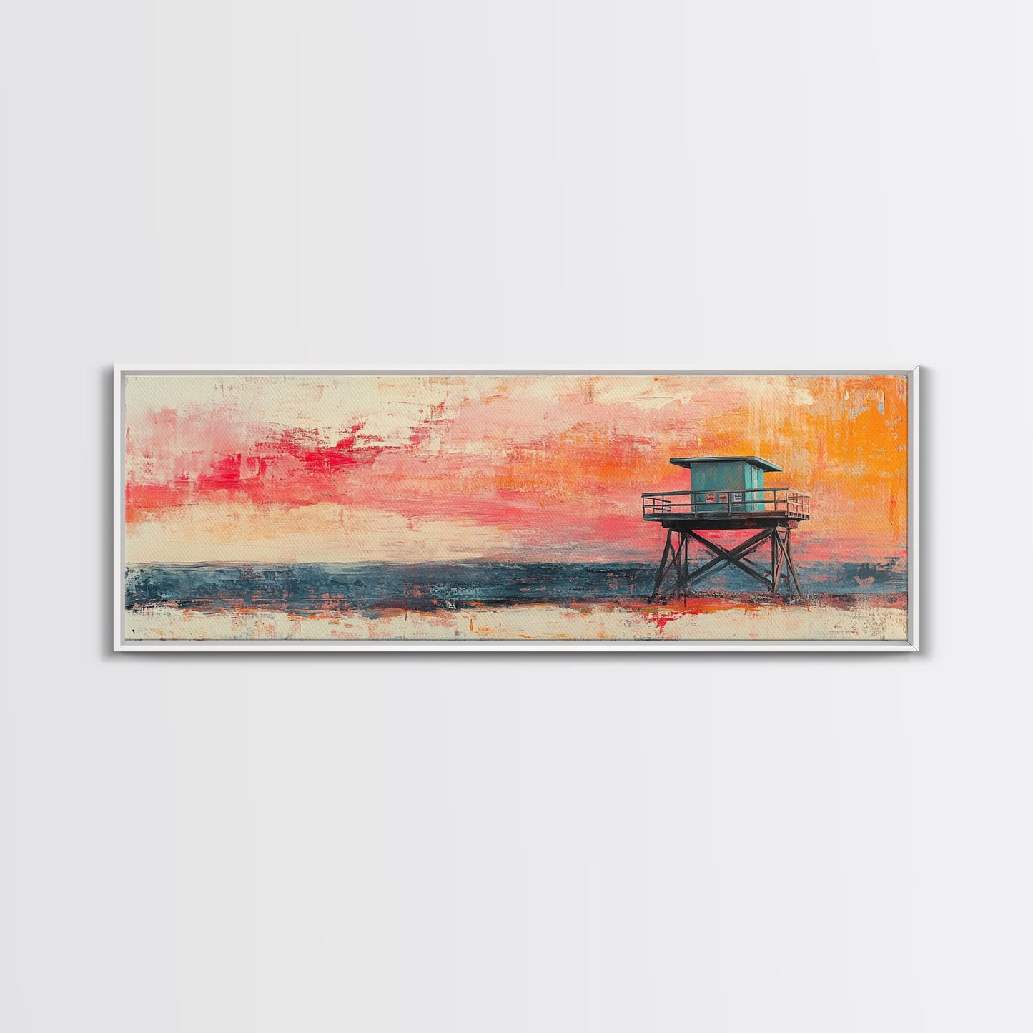 Lifeguard Tower Beach Art, Vibrant Coastal Sunset Painting, Colorful Ocean Wall Decor, Modern Beach House Art, Living Room Wall Art