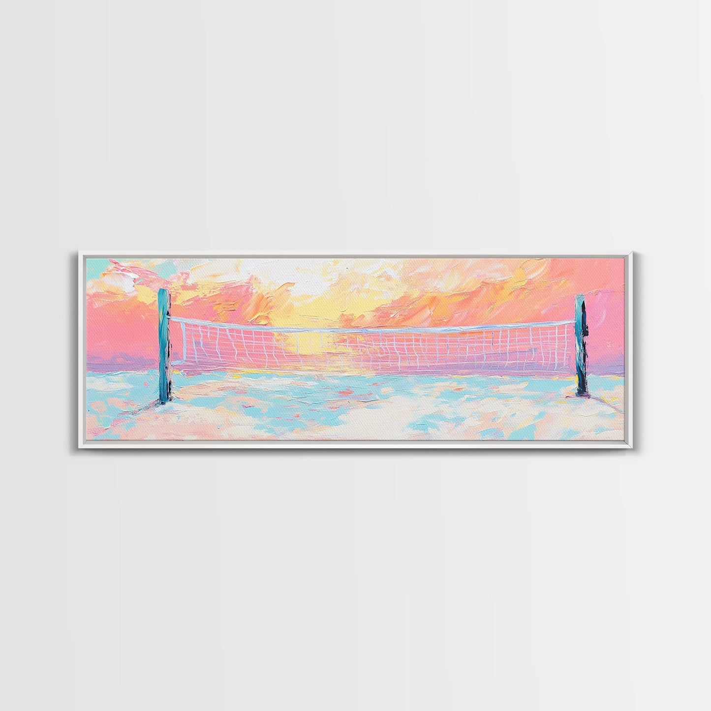 Sunset Beach Volleyball Painting, Pastel Ocean Sports Art, Fun Summer Wall Decor, Playful Living Room, Framed Canvas Print