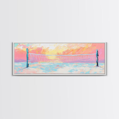 Sunset Beach Volleyball Painting, Pastel Ocean Sports Art, Fun Summer Wall Decor, Playful Living Room, Framed Canvas Print