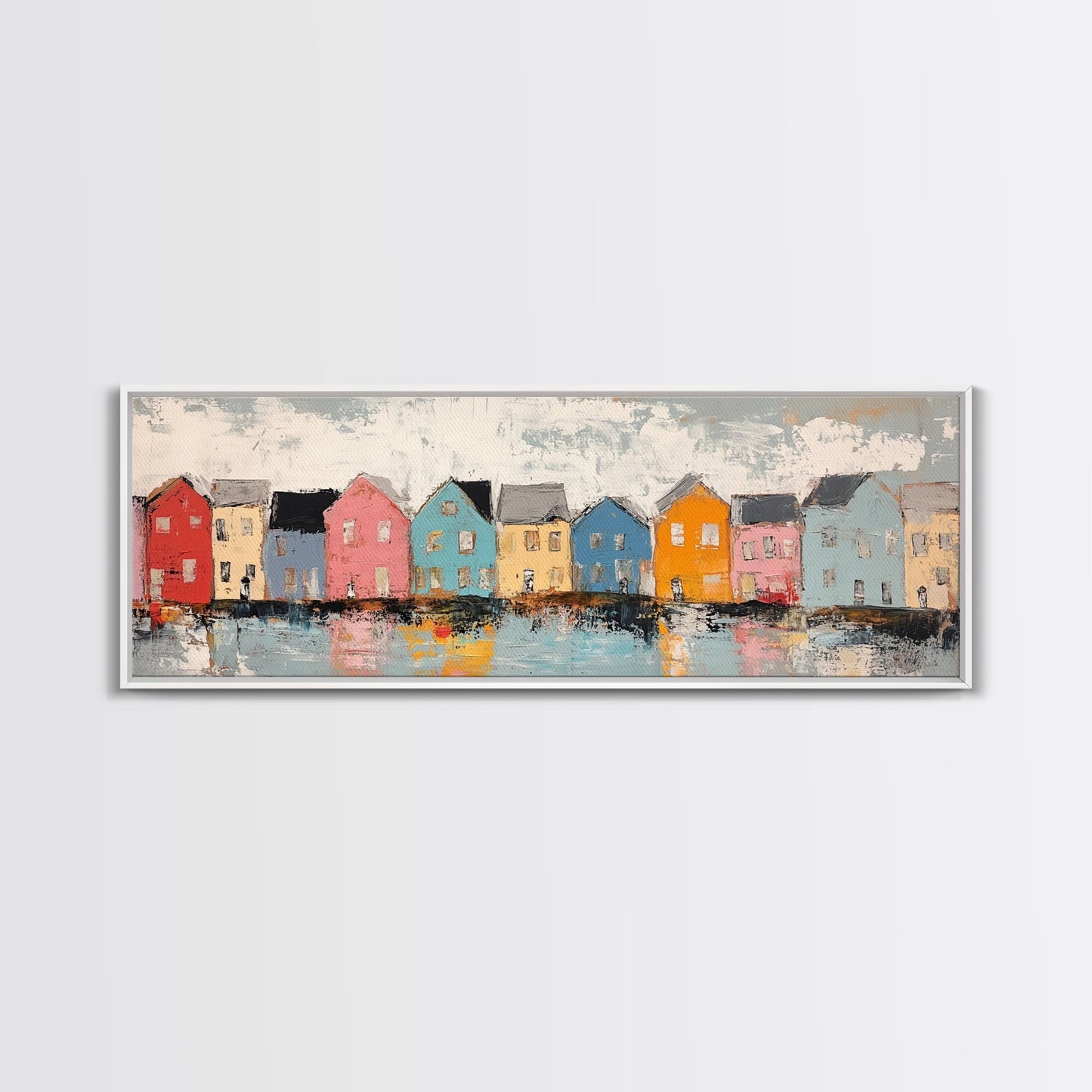 Coastal Village Houses Framed Canvas Print Colorful Seaside Town Painting Rustic Home Wall Art Nautical Decor Large Wall Art