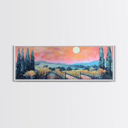 Tuscany Vineyard Painting Sunset Landscape Wall Art Rustic Countryside Decor Warm Autumn Aesthetic Dining Room