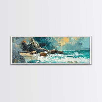 Ocean Cliffside Painting Coastal Rocky Beach Wall Art Dramatic Seascape Artwork Nautical Home Decor Dining Room