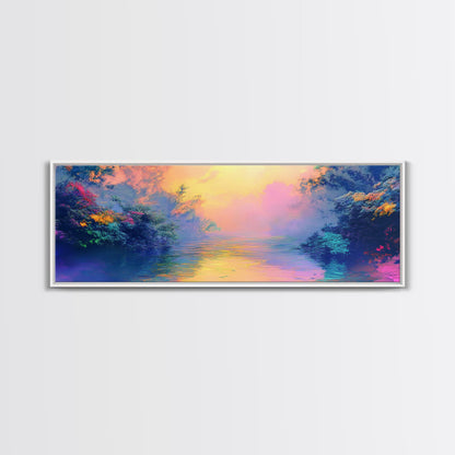 Vibrant Sunset River Framed Canvas Print, Colorful Nature Art, Dreamy Landscape Painting, Living Room Wall Art, Boho Sunset Decor