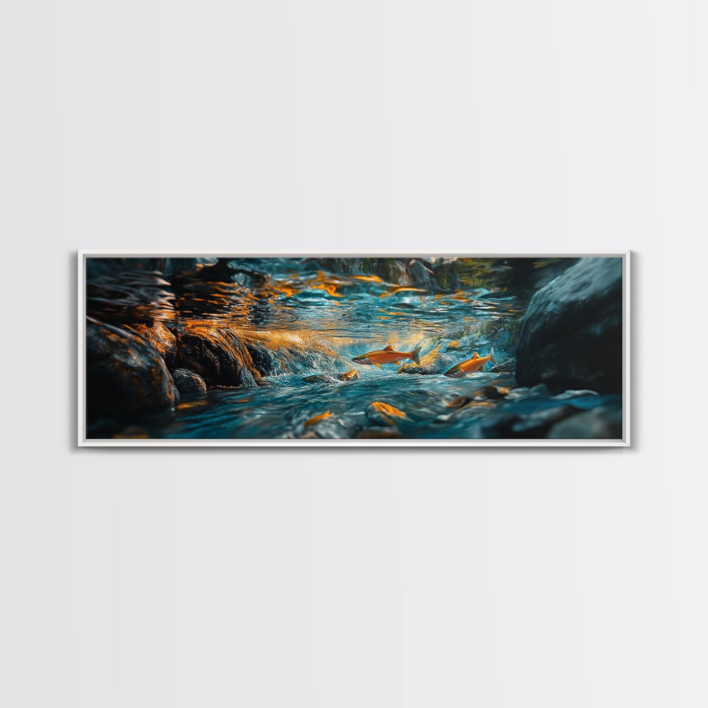Vibrant Underwater River Scene Framed Canvas Print, Nature Wall Art, Rustic Cabin Decor, Wildlife Painting, Living Room Art