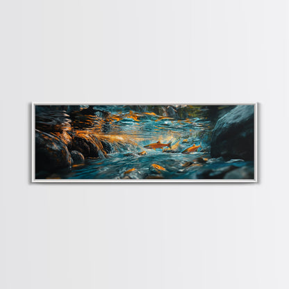 Vibrant Underwater River Scene Framed Canvas Print, Nature Wall Art, Rustic Cabin Decor, Wildlife Painting, Living Room Art
