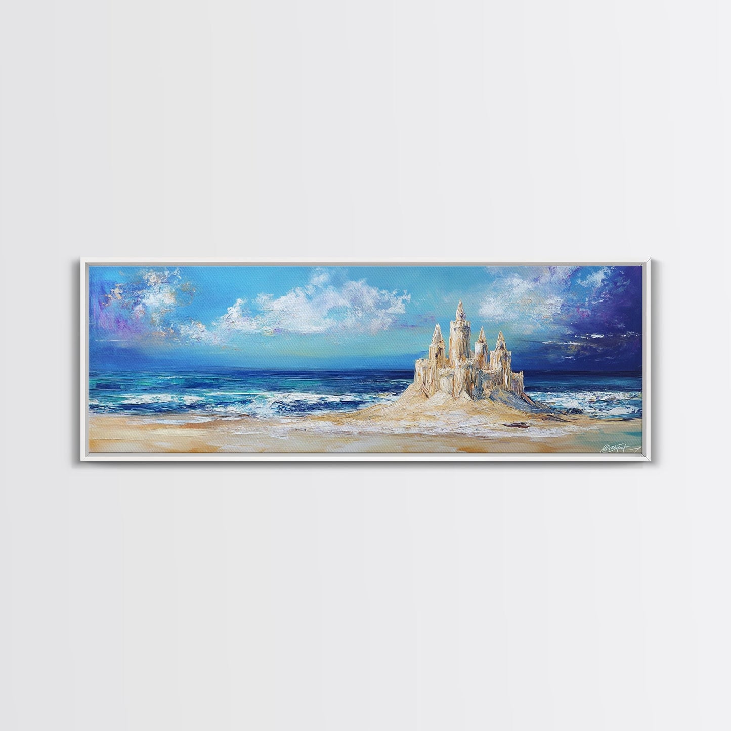 Fantasy Sandcastle Seascape Framed Canvas Print, Beach House Wall Art, Nautical Painting, Whimsical Ocean Scene, Kids Room Decor