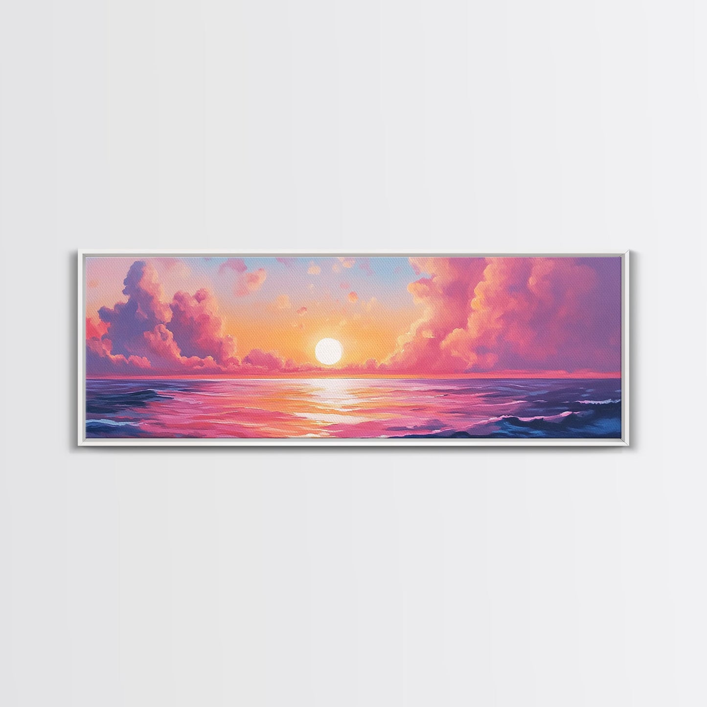 Pink Sunset, Romantic Ocean Painting, Vibrant Seascape Wall Art, Coastal Home Decor, Canvas Print, Dreamy Sky, Bedroom Artwork