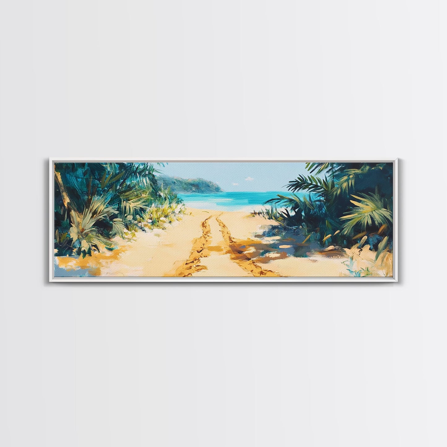Tropical Beach Path, Palm Tree Art, Ocean Painting, Coastal Wall Decor, Relaxing Retreat Art, Home Print, Framed Canvas Print