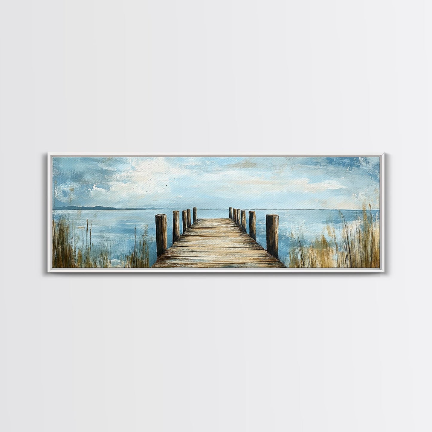 Lake Dock, Peaceful Water Scene, Serene Landscape, Rustic Nature Painting, Minimalist Home Decor, Canvas Print, Framed Canvas Print