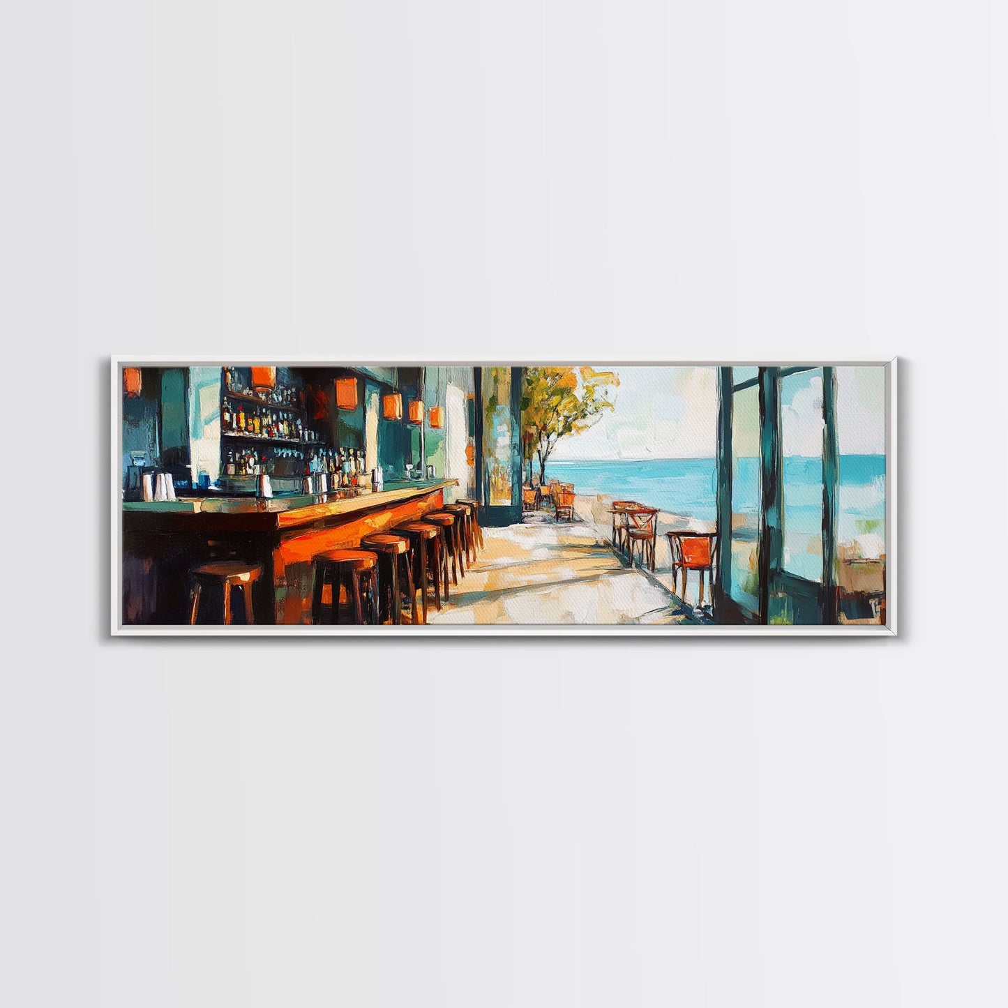 Coastal Beach Bar Framed Canvas Print Modern Seaside Cafe Painting, Coastal Kitchen Wall Art, Tropical Decor, Ocean View Artwork