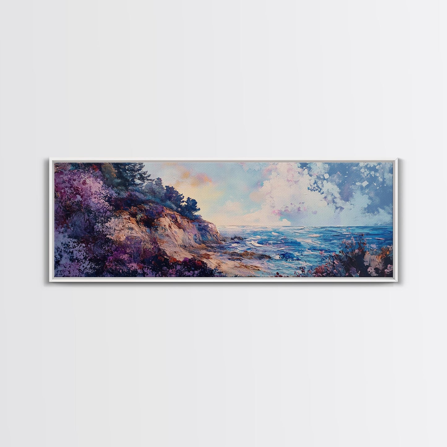 Rocky Shoreline Framed Canvas Print Vibrant Coastal Wall Art, Textured Ocean Scene, Sunset Beach Painting, Modern Boho Decor