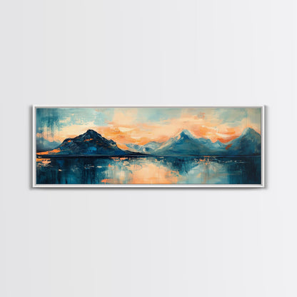Mountain Reflections at Sunset Wall Art, Abstract Landscape Painting, Blue and Orange Artwork, Statement Piece, Office