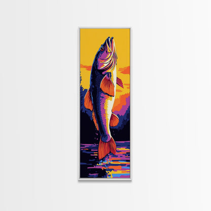 Jumping Fish, Bass Fishing Art, Vibrant Lake Scene, Bold Outdoor Wall Decor, Cabin Aesthetic, Nature Lover Gift, Framed Canvas Print