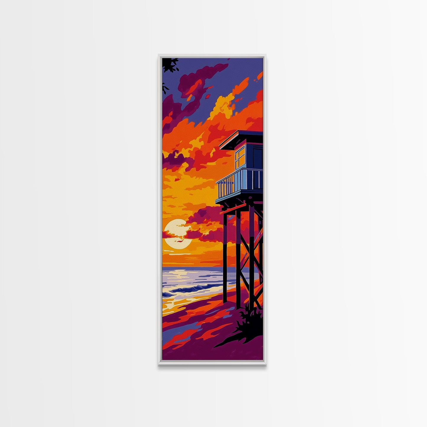Lifeguard Tower, Ocean Sunset, Beach House Art, Framed Canvas Print, Coastal Wall Decor, Vibrant Seascape Painting, Nautical Decor