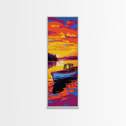 Boat, Sunset, Water, Reflection, Framed Canvas Print, Nautical Wall Art, Coastal Decor, Lakehouse Art, Cabin Wall Art, Living Room Art