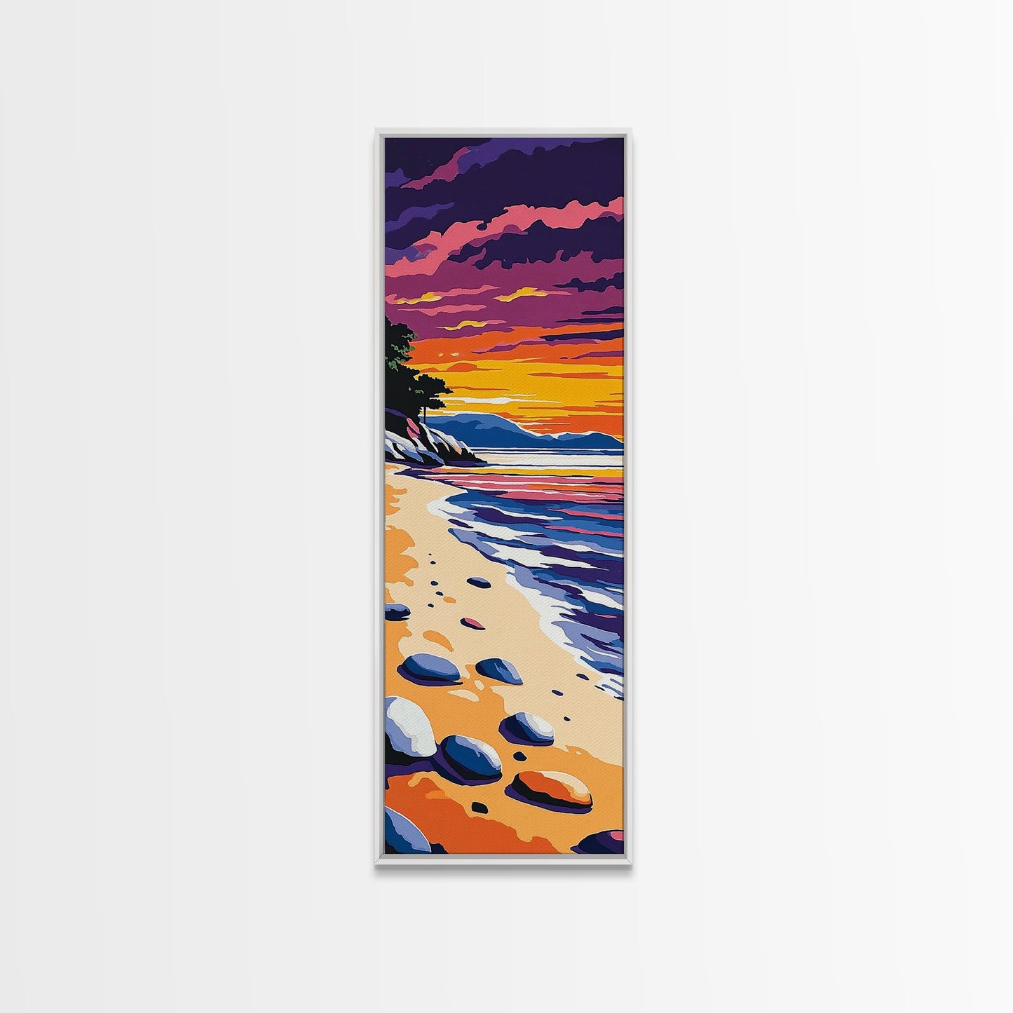 Tranquil Shoreline Sunset, Framed Canvas Print, Serene Beach Art, Vibrant Ocean View, Coastal Living Decor, Boho Aesthetic