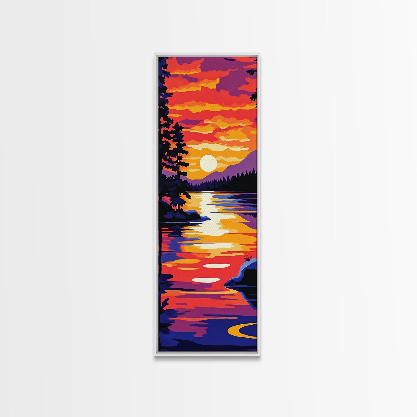 Serene Lake Sunset, Tranquil Nature Wall Art, Scenic Landscape Print, Warm Color Painting, Fall Home Decor, Framed Canvas Print