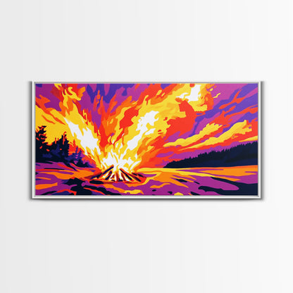 Campfire Blaze, Night Sky Glow, Framed Canvas Print, Cozy Cabin Wall Art, Rustic Living Room, Adventure Decor, Warm Autumn Colors