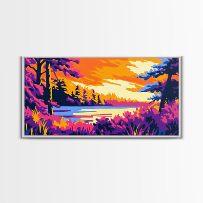 Forest Lake, Autumn Sunset, Vibrant Nature Scene, Rustic Cabin Wall Art, Cozy Home Aesthetic, Framed Canvas Print