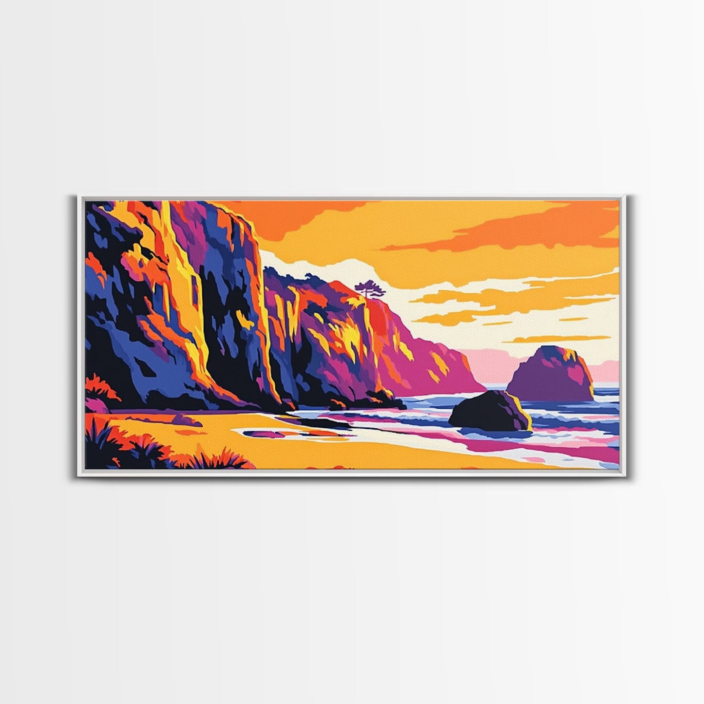 Meeresklippen, Küsten-Sonnenuntergangskunst, Lebendiges Meereslandschaftsgemälde, Strandwanddekoration, Gerahmter Leinwanddruck, Maritime Wohngestaltung, Bürokunst