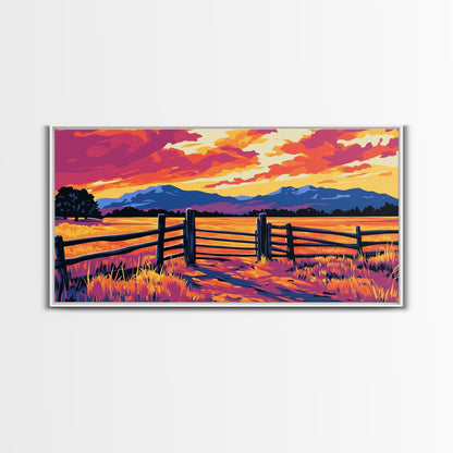 Rustic Fence, Prairie Landscape, Western Wall Art, Golden Fields, Warm Sunset, Country Aesthetic, Entryway, Canvas Print
