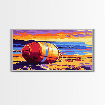 Beach Buoy, Coastal Sunset Painting, Vibrant Nautical Art, Ocean Shore Decor, Framed Canvas Print, Bathroom Wall Art, Beach House Style
