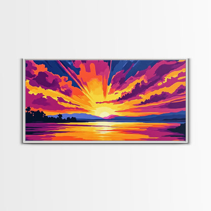 Vibrant River Sunset, Colorful Landscape Wall Art, Warm Nature Print, Bold Sky Painting, Autumn Home Decor, Framed Canvas Print