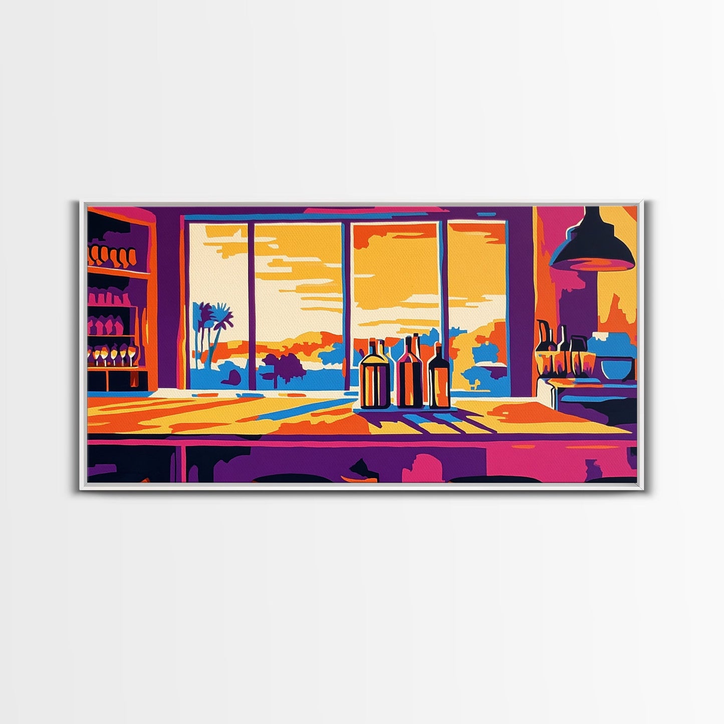 Bar Sunset, Wine Bottles, Cozy Kitchen, Framed Canvas Print, Wall Art, Modern Home, Dining Room, Cocktail Lounge, Warm Colors, Vibrant Art