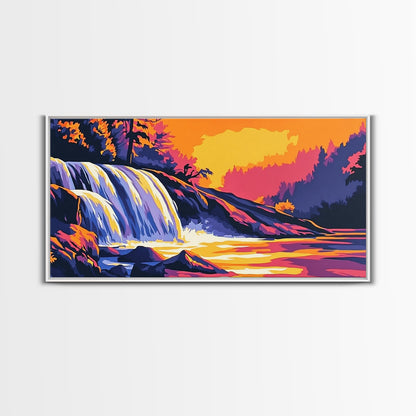 Waterfall, Forest, Autumn Sunset, Peaceful Scenery, Framed Canvas Print, Cabin Retreat, Rustic Home, Relaxing Nature, Vibrant Colors